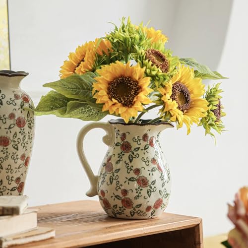 Vintage Ceramic Vase - 8.2 Inch Hand-Painted Roses with Ice Crackle Glaze Finish, American Farmhouse Style Pitcher Vase for Home Decor, Centerpiece, Shelf, Table, Office, Rustic Wedding Gift - color: Beige and Red-001