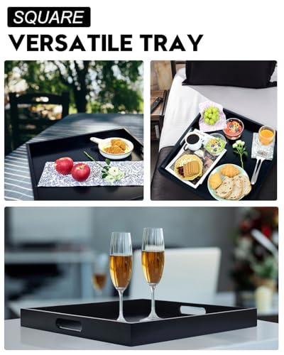 22 Inches Square Wood Ottoman Tray Black, Extra Large Wooden Serving Tray with Handles for Living Room, Serving Food Breakfast, Ottoman Coffee Table Couch Sofa Kitchen - size: 22" x 22" x 2.2"