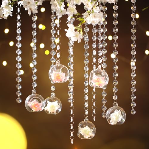 24 Sets Hanging Glass Candle Holder Wedding Glass Globe with Acrylic Gems Bead Garland Tea Light Holder Orbs Container for Flower Plants Micro Landscape DIY Xmas Tree Party Decoration 2.36 Inch