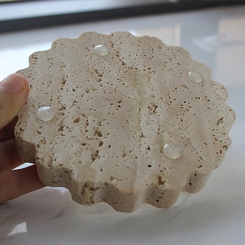 Natural Small Travertine Scalloped Edge Tray 6.3", Marble Jewelry Dish, Trinket Tray for Women Gift - color: Beige Travertine
