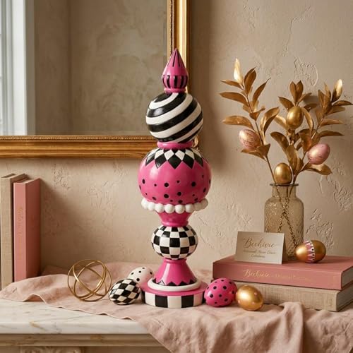 Pink Home Decorations, 15" H Large Pink Black and White Checkered Table Decor, Easter Halloween Christmas Resin Figurines Modern Sculpture Indoor Tabletop Centerpiece Mantel Shelf Desk Decor - color: Pink-1
