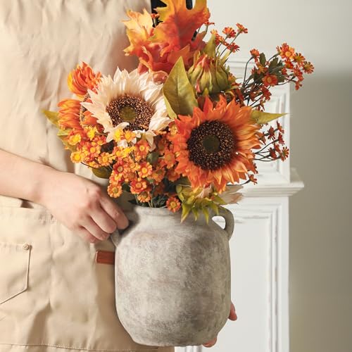 Ceramic Flower Vase Home Decor - 7.6 Inch Farmhouse Rustic Table Vases with Handle Living Room Decoration Decorative Vintage Pottery for Kitchen Shelf Coffee Dining Bookshelf Fireplace Centerpiece - color: 7.6" Retro