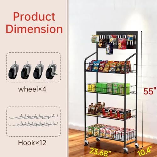 4-Tier Metal Display Rack Large Snack Shelving Unit with Hanging Panels and 12 Hooks 4 Casters for Easy Mobility Freestanding Display Unit Ideal for Supermarkets and Retail Stores (55H*23.68W*10.4D) - size: 55H*23.68W*10.4D