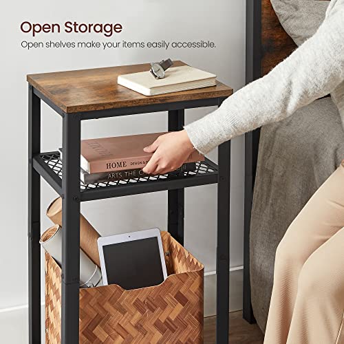 VASAGLE 3-Tier Tall Side Table, Small Telephone End Table Stand with 2 Mesh Storage Shelves for Office, Bedroom, Living Room, Kitchen Cart, Rustic Brown and Black