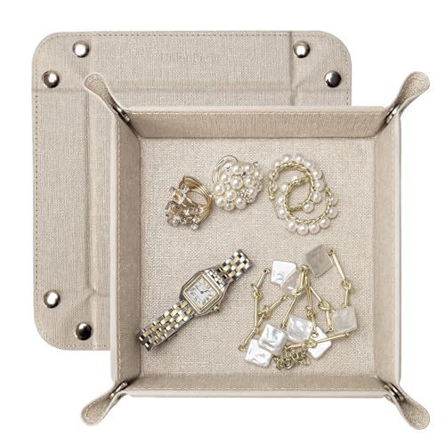 UnionBasic Small Valet Tray, Jewelry Tray for Rings Watches Earrings, Entryway Catchall Caddy for Coins Keys Change, Nightstand Bedside Valet Holder, Trays for Electronic Gadgets, Beige - color: Beige, size: 5.4" x 5.4" x 1.6"