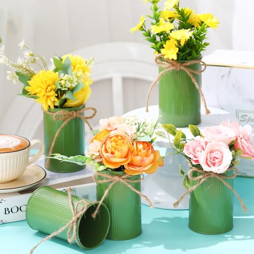 Rustic Vase for Table Centerpieces 4.33 Inch Small Petite Flower Vase with Twine Bow Vintage Farmhouse Decor for Wedding Reception Dining, Home Galvanized Metal Buckets(Sage Green,12 Pcs) - color: Sage Green