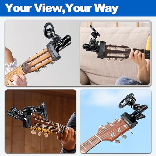 Guitar Phone Holder Magnetic Grip 360° Adjustable Phone Stand Sturdy Headstock Cell Phone Mount for Recording & Reading Music for Guitar, Ukulele, Bass, Desk for iPhone, Samsung, etc. Black