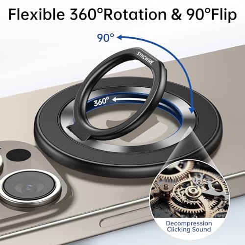 SYNCWIRE Magnetic Phone Ring Holder for MagSafe, 360° Rotation Cell Phone Grip Stand Finger Ring Kickstand Two-Sided Magnet Compatible with iPhone 17 Pro Max 16 15 14 13 12 MagSafe Accessories - color: Single Ring-1PCS-Black