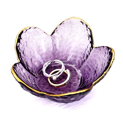 Purple Flower Ring Dish Jewelry Tray, Small Glass Trinket Tray for Rings Earrings, Present for Wife Mom Daughter Women - color: Purple