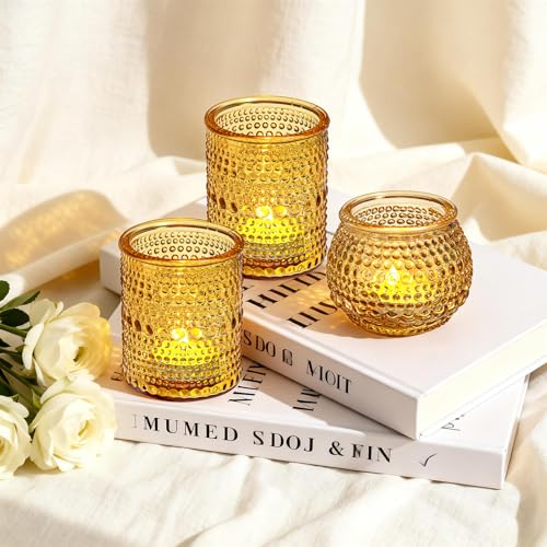 Rubtlamp Amber Votive Candle Holders Set of 24, 12Pack 2.1 * 2.7inch Glass Vintage Candles Holder 12Pack 2.1 * 2.1inch Tea Lights Candle Holders for Table Centerpiece Wedding Decor Home Decoration - color: Amber