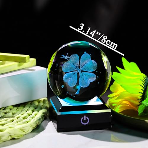 Qianwei 3D Four Leaf Clover 80mm Crystal Ball Good Luck Gifts Ideas with Multicolor Lighting Base - Irish Gifts for Women Decor 4 Leaf Clover - style: Clover