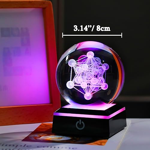 Qianwei 3D Metatron's Cube Crystal Ball with LED Colorful Lighting Touch Base - Flower of Life Night Light - Grid Sacred Geometry Sphere for Meditation Decor Spiritual Decor - style: Metatron's Cube