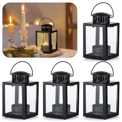 Small Candle Lanterns Decorative Outdoor: 4 Pcs Black Hanging Tea Lights Candle Holder for Table Centerpiece Fireplace Wedding Christmas 3.9" Glass Farmhouse Decor