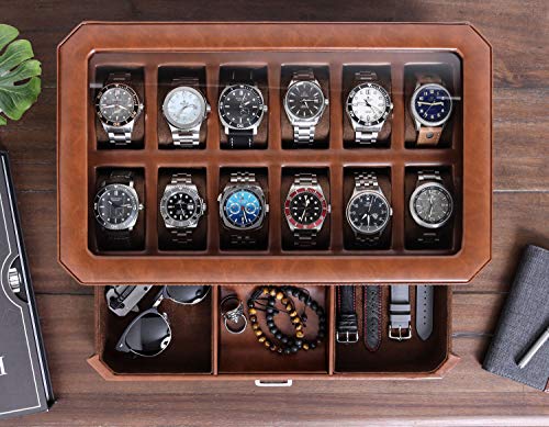 ROTHWELL 12 Slot Leather Watch Box with Valet Drawer - 12 Slot Luxury Watch Case Display Organizer, Microsuede Liner, Mens Accessories Holder, Jewelry Case, Jewelry Display Organizer (Tan/Brown) - color: Tan/Brown
