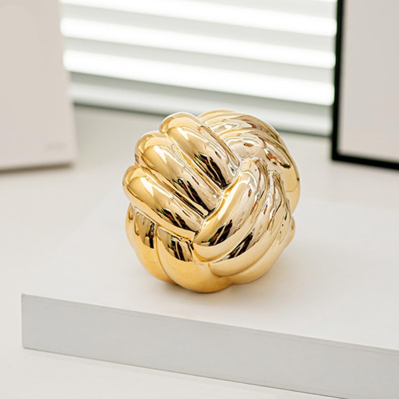 Cabilock Ceramic Thread Knot Ornament Nordic Style Home Decor Sculpture 3.34X3.14X3.14 Inch Textured Table Statue for Office Living Room Decoration - color: Golden