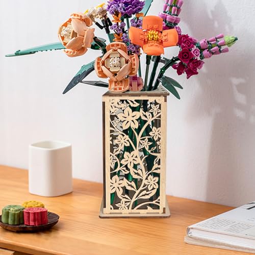 Wooden Vase for Lego Flowers, Display Stand for Lego Flower, Cool Artistic Carving Vase with Hollow Flower Pattern for Flower Lovers (Wood) - color: Wood-flower