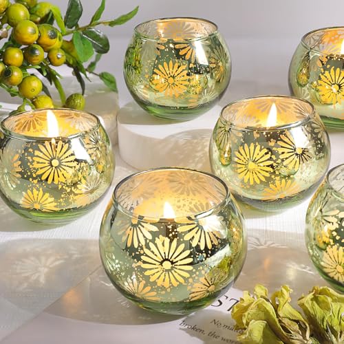 Green Mercury Glass Votive Candle Holders Set of 12, Round Tealight Candle Holders Bulk for Table Centerpieces, Weddings, Shower Gifts, Christmas, Halloween Party Decorations - color: Green
