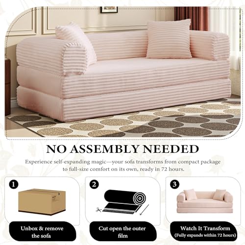 Boneless Couch Versatile Couches for Living Room No-Install Sofa Bed Corduroy Futon Soft Cloud Couch with Pillows for Bedroom Game Movie (Pink, 76") - color: Pink