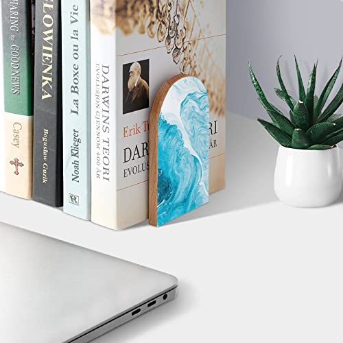 Abstract Blue Marble Book Ends Decorative Wood Bookends for Shelves Kids Room Desk Home Office Book Stoppers for Magazines,Books, DVDs, 1 Pair/2 Pieces(5x3.1 in) - color: Abstract Blue Marble