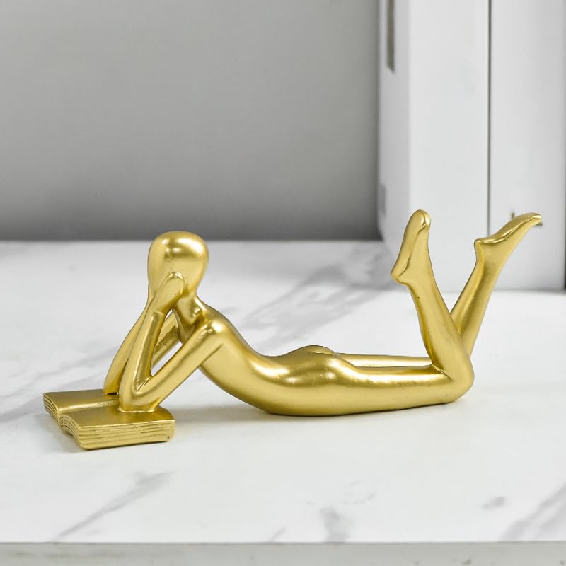 Gold Thinker Statue Reading a Book - Resin Modern Abstract Figurine Home Office Desk Decor, Unique Gift for Book Lovers (Style B) - color: Thinker-gold-b