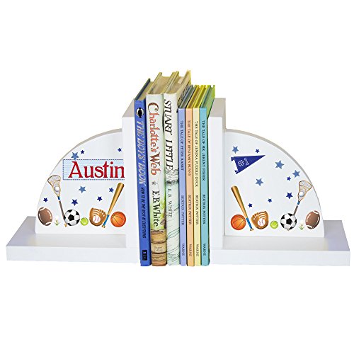 My Bambino Personalized Bookends for Kids | Bookends White Wood Book Ends for Children's Books (Sports) | Custom Name Book Ends | Nursery & Kids Room Gift - color: Sports