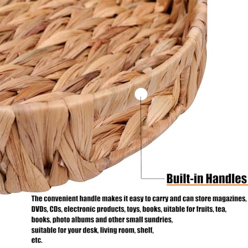 Round Woven Coffee Table Ottoman Tray with Handles - 11.8" x 1.9" Water Hyacinth Wicker Serving Tray, Decorative Storage Basket for Home & Kitchen.