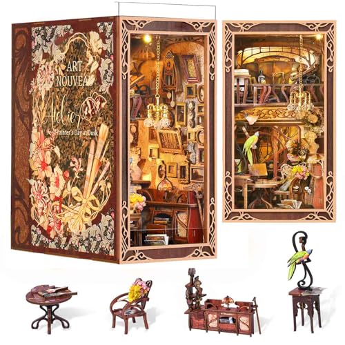 MiniCity Book Nook Kit, DIY Miniature Dollhouse Booknook Kit, 3D Wooden Puzzle Bookend Bookshelf Insert Decor with LED Light for Teens and Adults, Painter's Day at Dusk - style: Painter's Day at Dusk