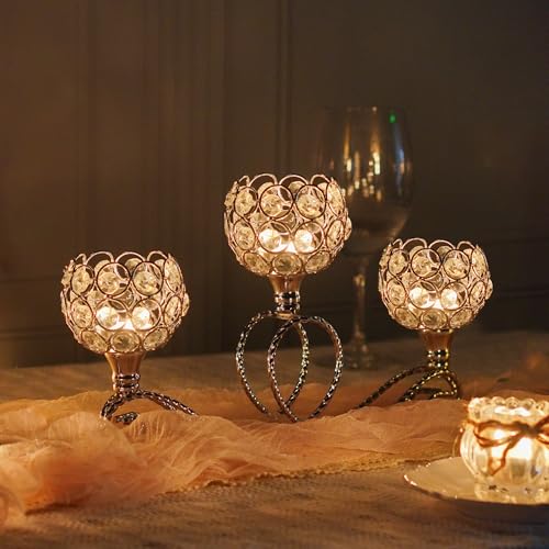 Gold/Silver Metal Crystal Tea Light Candle Holder, Elegant Wedding Table Centerpiece 3/5 Arm Crystal Candle Holder, Christmas Votive Candle Holder for Wedding Living Room Decor (Silver, 1pc-3 Arm) - color: Silver, size: Set of 1