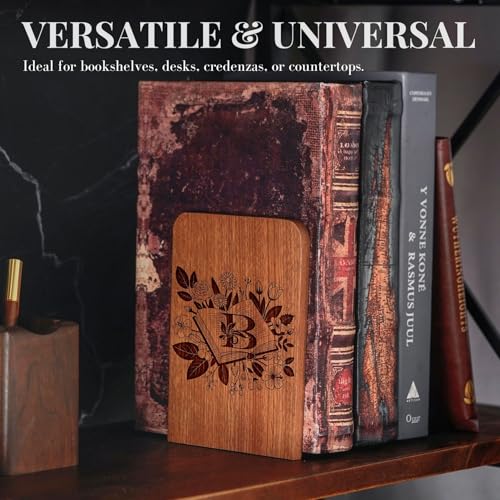 Wood Bookends, Book Ends for Shelves with Decorative Alphabet A and Z Design - Heavy Duty Iron & Ebony Wood Book Ends for Shelves Bookcase Desk - 1 Pair - B - color: B