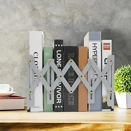 Adjustable Metal Bookends Heavy Duty for Shelves, 2 Dividers, Anti-Slip Design Expandable Book Ends for Desk, Office(Gray, 19 inches Max) - color: Gray