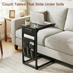 AMHANCIBLE C Shaped End Table with Charging Station, TV Tray Set of 2, Couch Tables with Storage Bag, Slide Under Sofa Side Table with USB Ports and Outlets for Living Room, Black, HET04CBK - color: Black