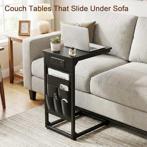 AMHANCIBLE C Shaped End Table with Charging Station, TV Tray Set of 2, Couch Tables with Storage Bag, Slide Under Sofa Side Table with USB Ports and Outlets for Living Room, Black, HET04CBK - color: Black