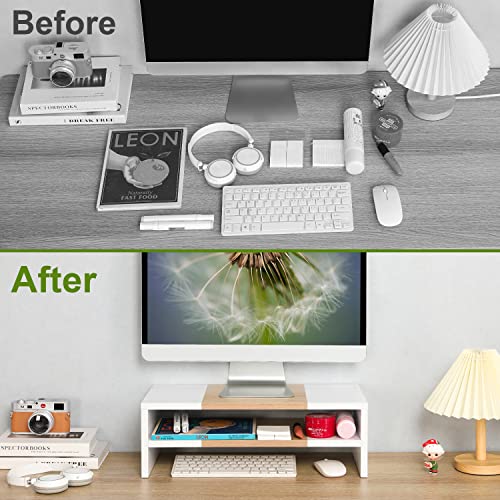 TEAMIX 2 Tiers Desktop Monitor Stand Riser 20 Inch Printer Stand with Storage Small TV Riser Laptop Wooden Desk Organizer Shelf Bookshelf Maple (White+Maple, 2 Tiers) - color: White+maple