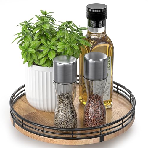 9" Oak Wood Lazy Susan Turntable Organizer for Cabinet, Round Wooden Farmhouse Lazy Susan Organization and Storage for Dining Table, Pantry, Kitchen, Countertop, Cupboard,Home Decor - color: Brown & Black, size: 9 inches