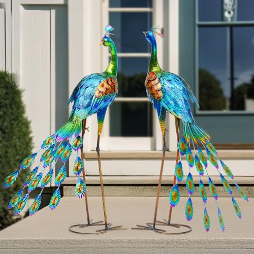 32" Oversized Peacock Decor Set of 2, Hand-Painted Metal Yard Art, Weatherproof Outdoor Garden Statues & Sculptures for Lawn, Flower Beds, Patio, Backyard or Indoor Kitchen & Home Decor - color: 32" -Green+brown