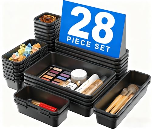 A-LuGei 【𝟮𝟴𝗣𝗖𝗦】 【𝟱𝗦𝗶𝘇𝗲】 Black Drawer Organizer, Makeup organizer, 【Holds 177 Items】 Bathroom Organizers and Storage, Plastic Desk Organizer Divider, Organizer Bins for Office Vanity - color: Black