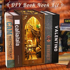 Book Nook Kit, MOJINO DIY Miniature 3D Puzzle Wooden Bookends Doll House with LED Lights for Bookshelf Decor, Tiny Miniverse Model House Art Craft for Adults Gril Halloween Christmas Decoration Gift