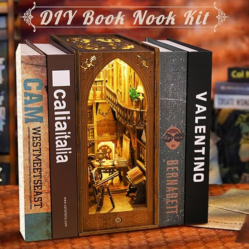 Book Nook Kit, MOJINO DIY Miniature 3D Puzzle Wooden Bookends Doll House with LED Lights for Bookshelf Decor, Tiny Miniverse Model House Art Craft for Adults Gril Halloween Christmas Decoration Gift