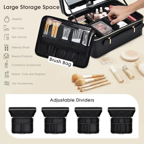 Faquenc 11.4 Inch Extra Large Makeup Bag with LED Lighted Mirror Leather Cosmetic Train Case Light up Mirror Portable Makeup Artist Storage Bag with Dividers Makeup Brush Holder Vanity Black - color: 11.4 Inch Black, size: 2-Medium