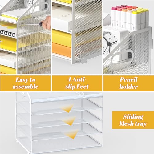 Letter Tray Paper, 5 Tier Desk Organizer with Pen Holder and Handle, Mesh File Organizer Paper Sorter Metal Desktop Document Shelf for Office Home Classroom - White - color: 5 Tier-white