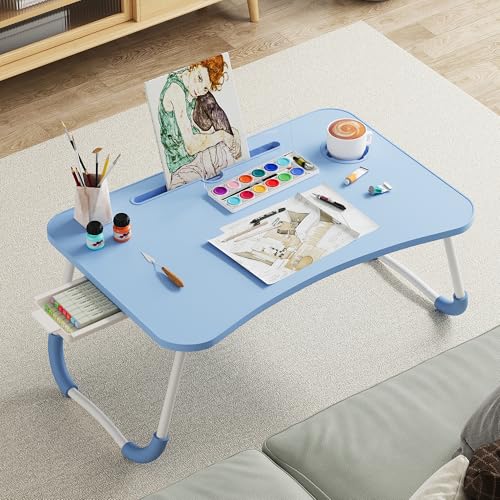 Lap Desk Bed Trays for Eating and Laptops Breakfast in Bed Tray for Sofa/Couch/Study/Reading/Writing with Cup Holder/Drawer On Low Sitting Floor Large Portable Foldable (Blue) - color: Blue