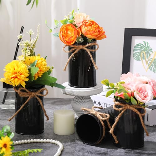 Rustic Vase for Table Centerpieces 4.33 Inch Small Petite Flower Vase with Twine Bow Vintage Farmhouse Decor for Wedding Reception Dining, Home Galvanized Metal Buckets(Black,12 Pcs) - color: Black
