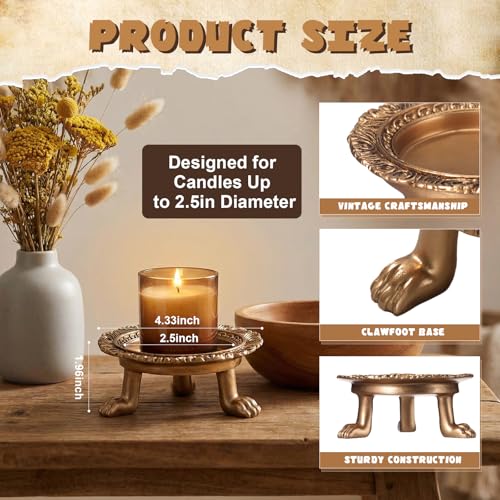 2 Pack Brass Color Candle Holder Pedestal Dish Stand Gold Vintage Tray Clawfoot Plate Decor for Jewelry Wax Ring Trinket