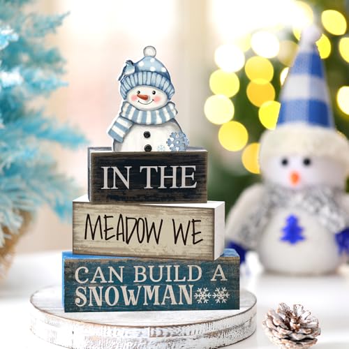 Yuntau 4 Pcs Winter Table Decoration Blue Snowman Decor Winter Tiered Tray Decor Christmas Centerpiece Decorative Wooden Snowman Block Sign Decoration for Home Kitchen - style: Snowman
