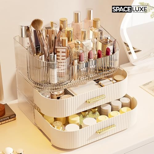 Makeup Organizer with Drawers and 360° Rotating Brush Holder, Large Capacity Cosmetic Storage for Vanity, Skincare, Perfume, Hair Accessories, Lipstick & Jewelry (Cream White, 3-layer) - color: Cream White, size: 3-layer