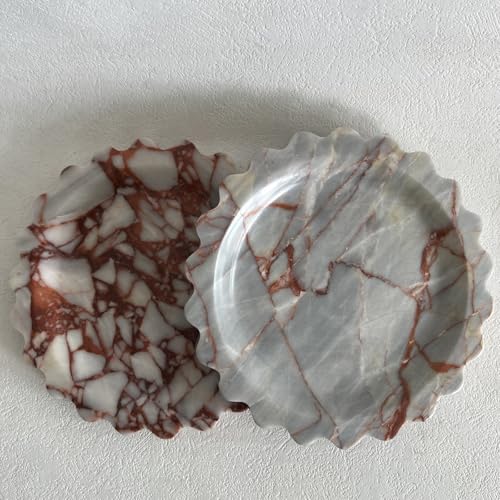 Marble Scalloped Tray Round Wave Tray Small Serving Platter for Counter, Bathroom, Kitchen, Nightstand, Jewelry Ring Dish Holder (Calacatta Red) - color: Calacatta Red