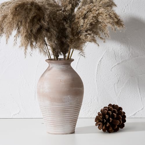 LUKA Ceramic Rustic Farmhouse Vase, 9.2 inch Whitewashed Terracotta Vase, Pottery Decorative Flower Vases,Clay Decorative Vases for Home Decor, Table, Living Room, Shelf, Mantel Decoration - color: Terracotta White
