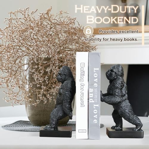Decorative Bookends, Art Book Ends for Heavy Books, Heavy Bookends for Shelves, Vintage Non-Slip Base Book Holder, Resin Book Stopper for Home Office Decor (Black Gorilla) - color: Black Gorilla