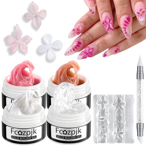Fcozpjk Hard Gel for Nails, 4 Colors Solid Builder Gel Kit with Silicone Carving Mold Clear Pearly White Brown Nude Pink 3D Sculpting Gels Flower Charms DIY Modeling Design Nail Salon Supplies - color: 01-02-03-04-mold