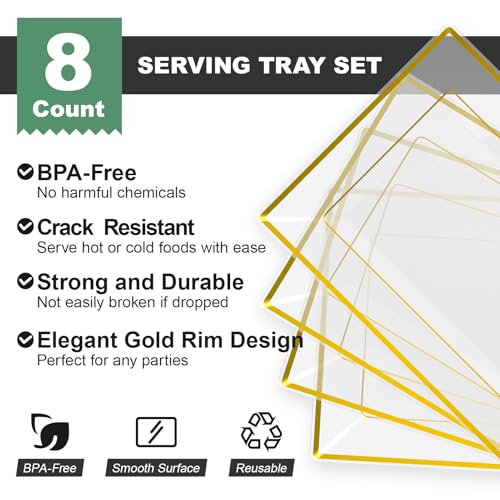 FOCUSLINE 8 PCS Plastic Serving Trays for Party, Clear and Gold Rim Serving Platters and Trays, Premium Plastic Fruit Tray, Disposable Platters for Cupcake, Dessert, Appetizers - color: Clear